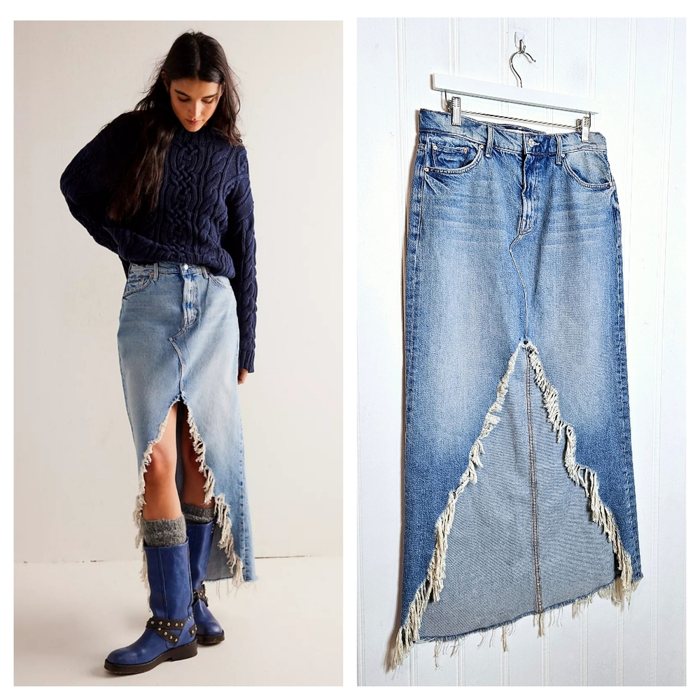 MOTHER Maxi Denim Skirt Womens Sz 29 Blue Denim Ditcher Maxi Fray Slit Rodeo